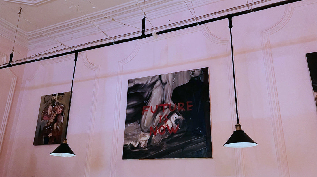 Contemporary mixed media painting by Erekle Kiparoidze featuring layered textures of acrylic and graphite with integrated conceptual text on raw canvas.