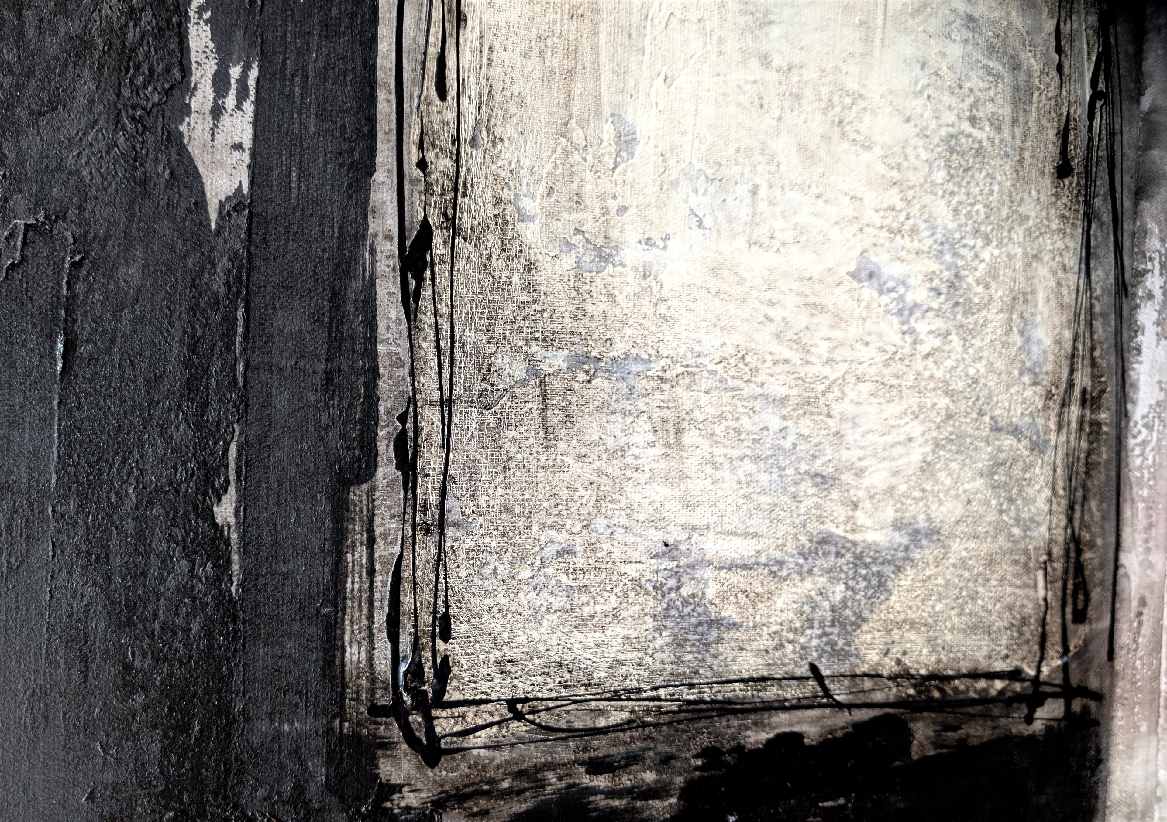 Erekle Kiparoidze, Threshold of Silence, Mixed Media on Canvas, Dark Americana Art, Textured Turquoise and Black Abstract, Heavy Impasto Minimalist Painting.
