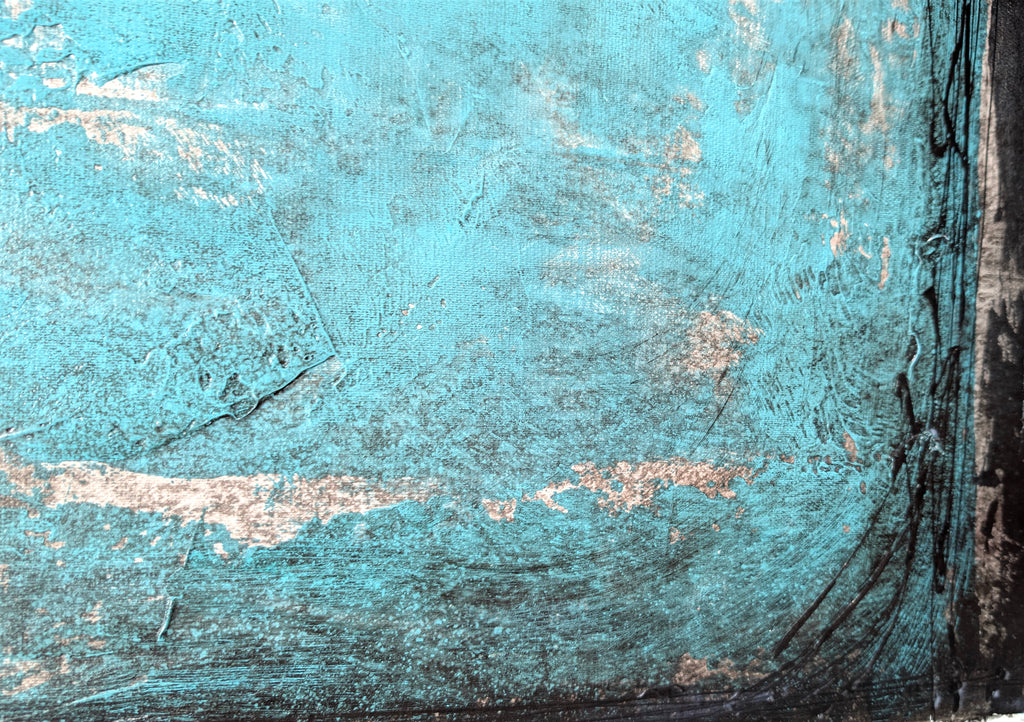 Erekle Kiparoidze, Threshold of Silence, Mixed Media on Canvas, Dark Americana Art, Textured Turquoise and Black Abstract, Heavy Impasto Minimalist Painting.