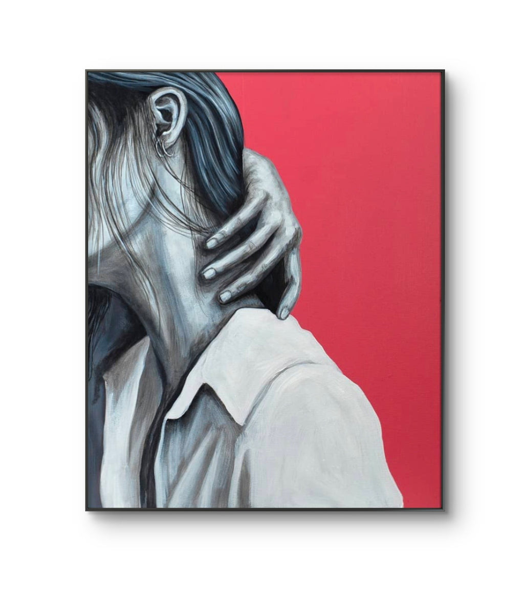Erekle Kiparoidze, Your Neck, Mixed Media on Canvas, Dark Americana Art, close-up of a hand gripping a neck, vibrant pink background, monochromatic figurative study.