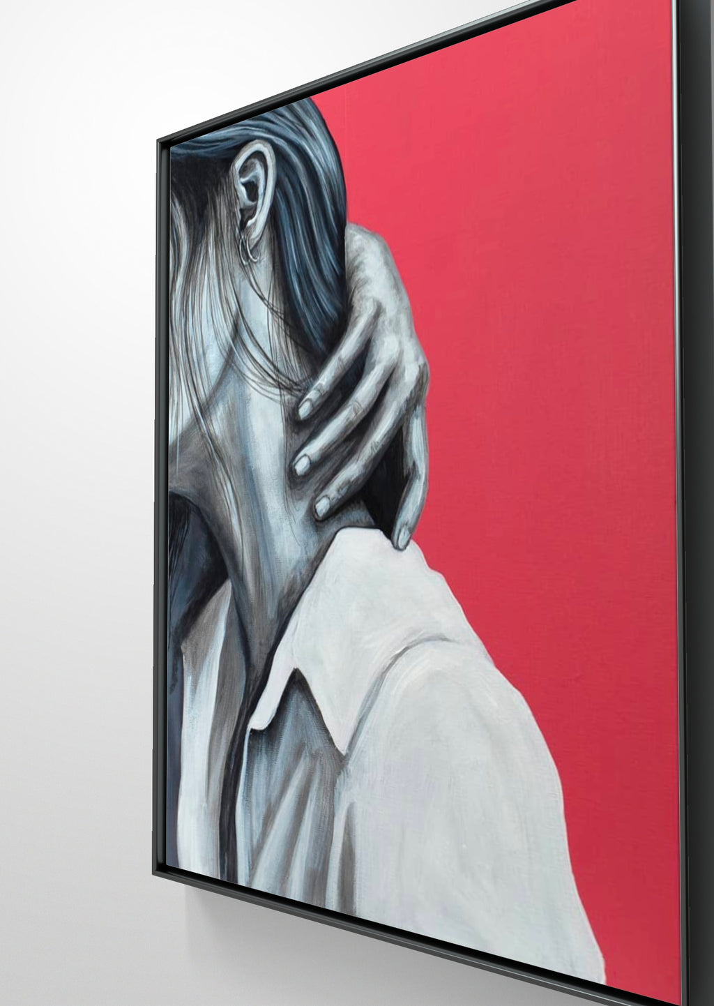 Erekle Kiparoidze, Your Neck, Mixed Media on Canvas, Dark Americana Art, close-up of a hand gripping a neck, vibrant pink background, monochromatic figurative study.