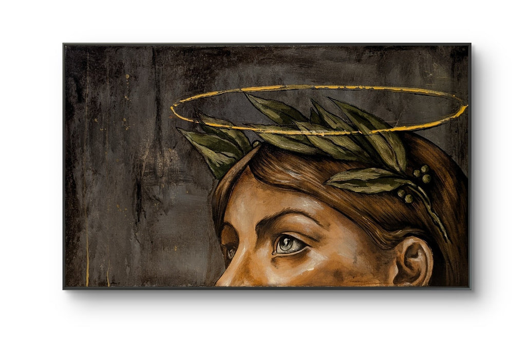 Erekle Kiparoidze, The Gaze of Antiquity, Oil and Acrylic on Canvas, Dark Americana Art, woman with laurel wreath, minimalist gold halo, industrial texture background.
