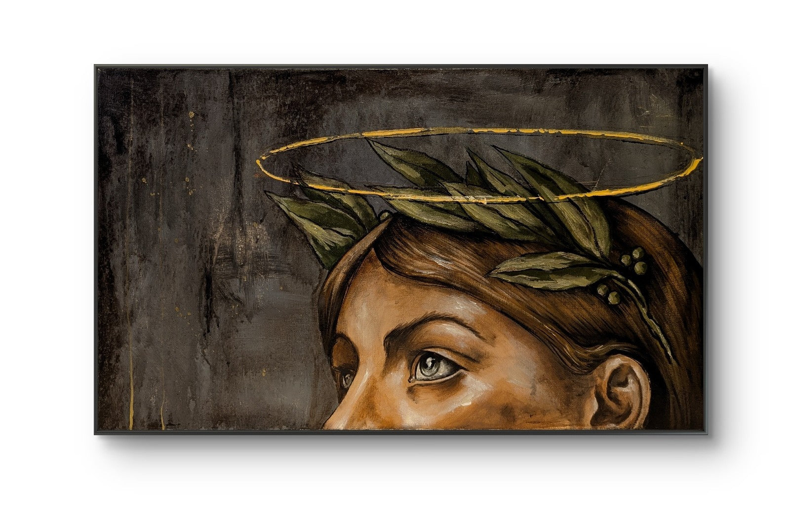 Erekle Kiparoidze, The Gaze of Antiquity, Oil and Acrylic on Canvas, Dark Americana Art, woman with laurel wreath, minimalist gold halo, industrial texture background.
