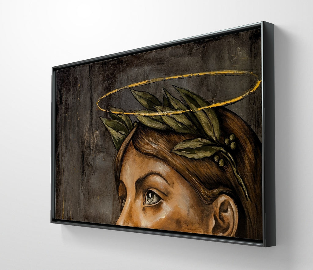 Erekle Kiparoidze, The Gaze of Antiquity, Oil and Acrylic on Canvas, Dark Americana Art, woman with laurel wreath, minimalist gold halo, industrial texture background.