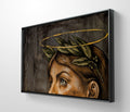 Erekle Kiparoidze, The Gaze of Antiquity, Oil and Acrylic on Canvas, Dark Americana Art, woman with laurel wreath, minimalist gold halo, industrial texture background.
