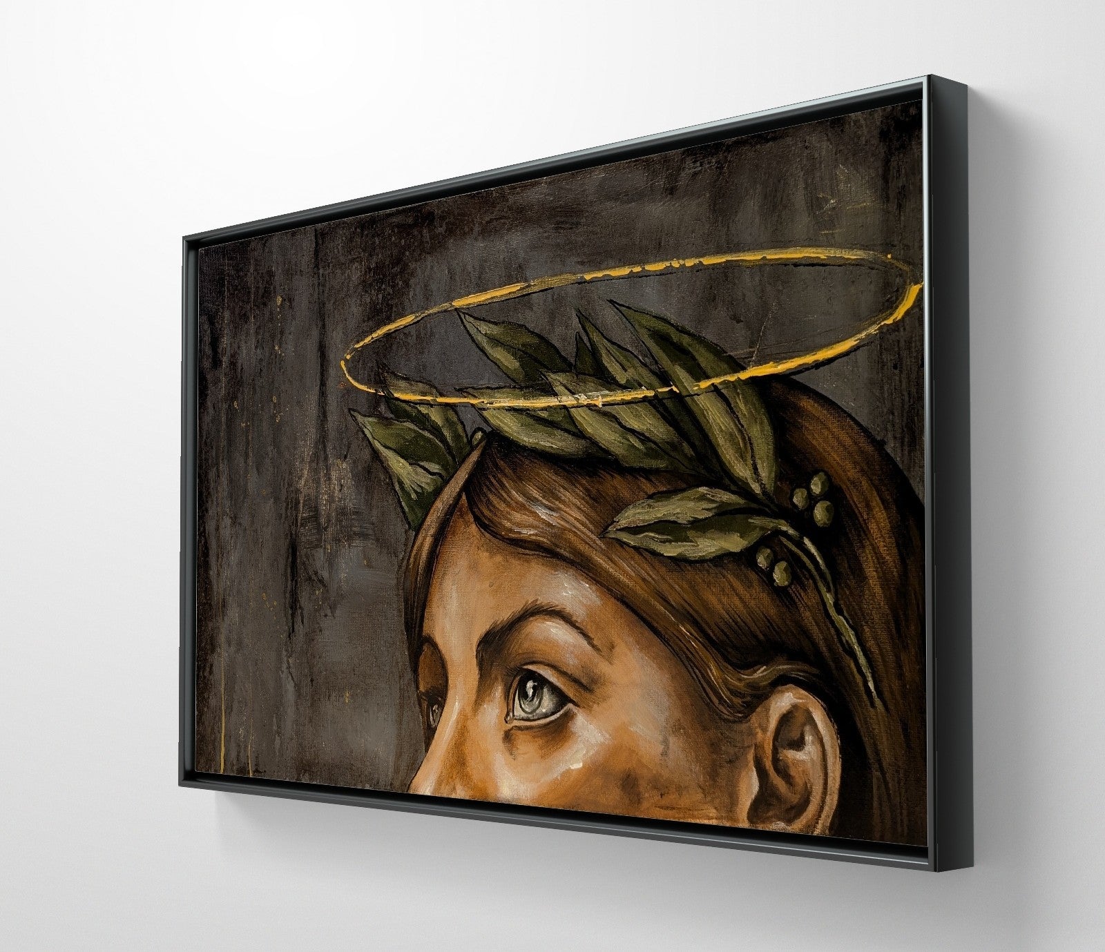 Erekle Kiparoidze, The Gaze of Antiquity, Oil and Acrylic on Canvas, Dark Americana Art, woman with laurel wreath, minimalist gold halo, industrial texture background.