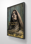 Erekle Kiparoidze, Gvthishobeli: The Gathering, Acrylic and Oil on Canvas, Dark Americana Art, Virgin Mary with drones text, teal industrial texture background, gold leaf details.