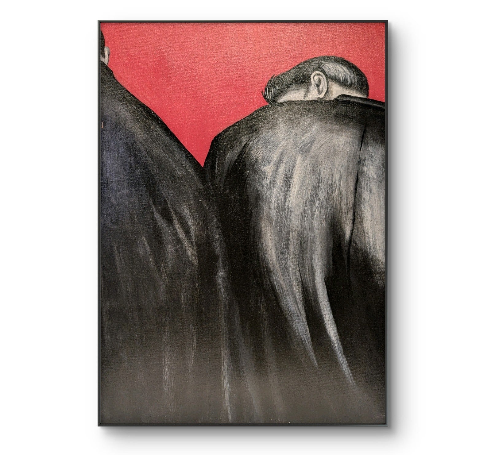 Erekle Kiparoidze, Between Us (Pink Series), Acrylic and Oil on Canvas, Dark Americana Art, textured monochromatic silhouettes, high-saturation pink background.