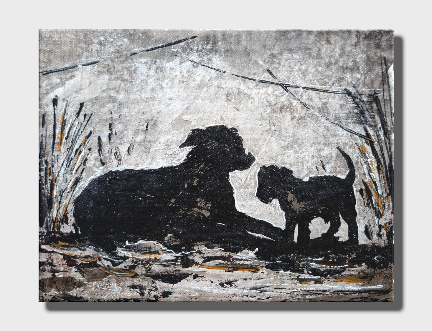 Erekle Kiparoidze, Echoes of the Pack 9-Piece Series, Mixed Media on Canvas, Dark Americana Art, textured dog silhouettes, high-contrast atmospheric painting.