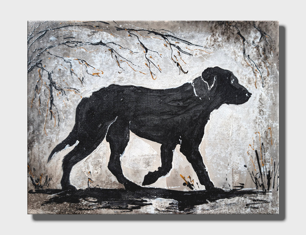 Erekle Kiparoidze, Echoes of the Pack 9-Piece Series, Mixed Media on Canvas, Dark Americana Art, textured dog silhouettes, high-contrast atmospheric painting.