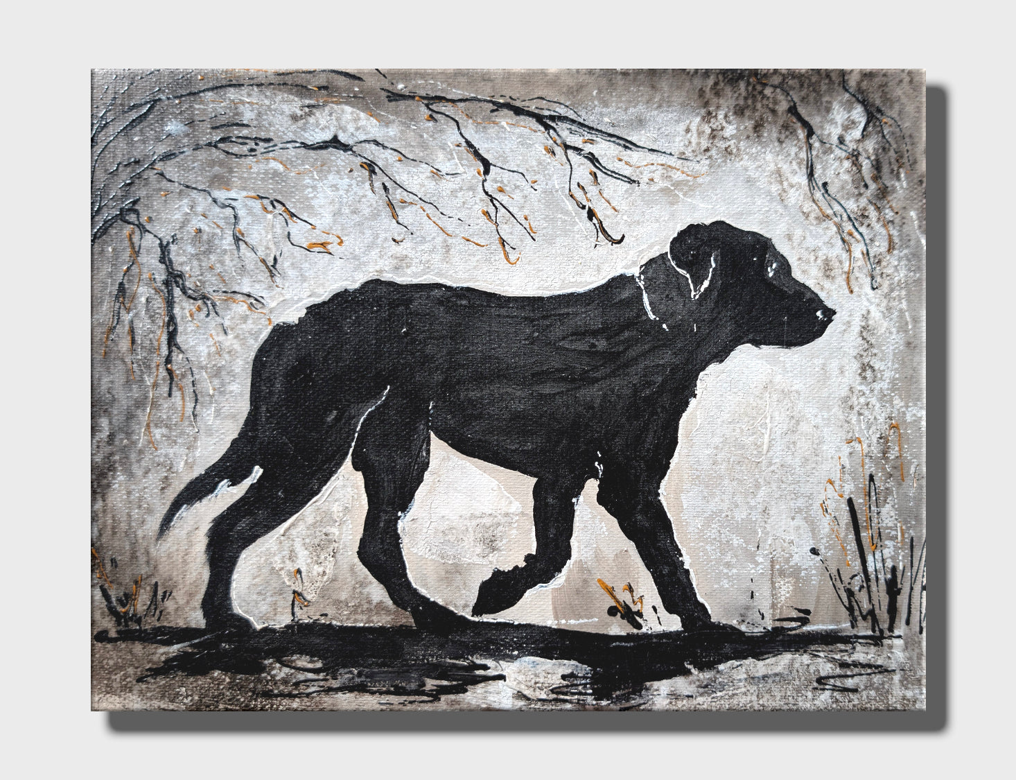Erekle Kiparoidze, Echoes of the Pack 9-Piece Series, Mixed Media on Canvas, Dark Americana Art, textured dog silhouettes, high-contrast atmospheric painting.