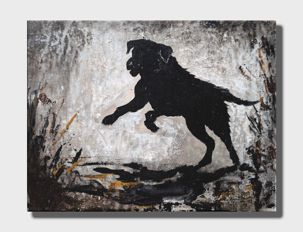 Erekle Kiparoidze, Echoes of the Pack 9-Piece Series, Mixed Media on Canvas, Dark Americana Art, textured dog silhouettes, high-contrast atmospheric painting.