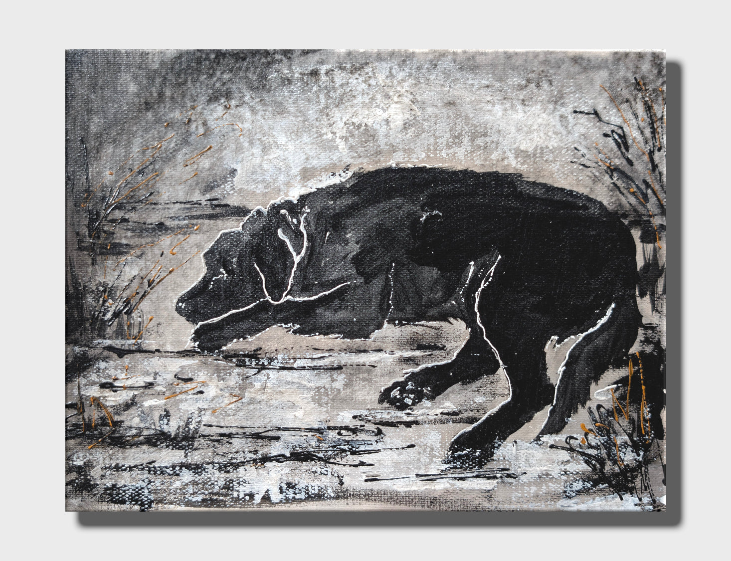 Erekle Kiparoidze, Echoes of the Pack 9-Piece Series, Mixed Media on Canvas, Dark Americana Art, textured dog silhouettes, high-contrast atmospheric painting.