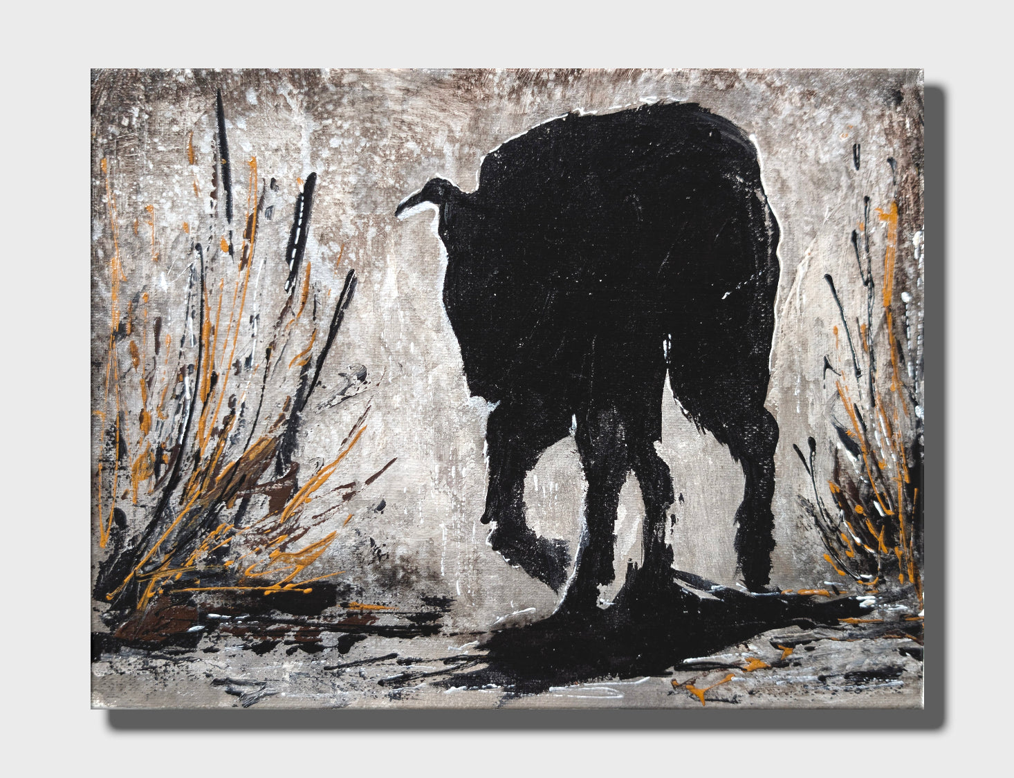 Erekle Kiparoidze, Echoes of the Pack 9-Piece Series, Mixed Media on Canvas, Dark Americana Art, textured dog silhouettes, high-contrast atmospheric painting.