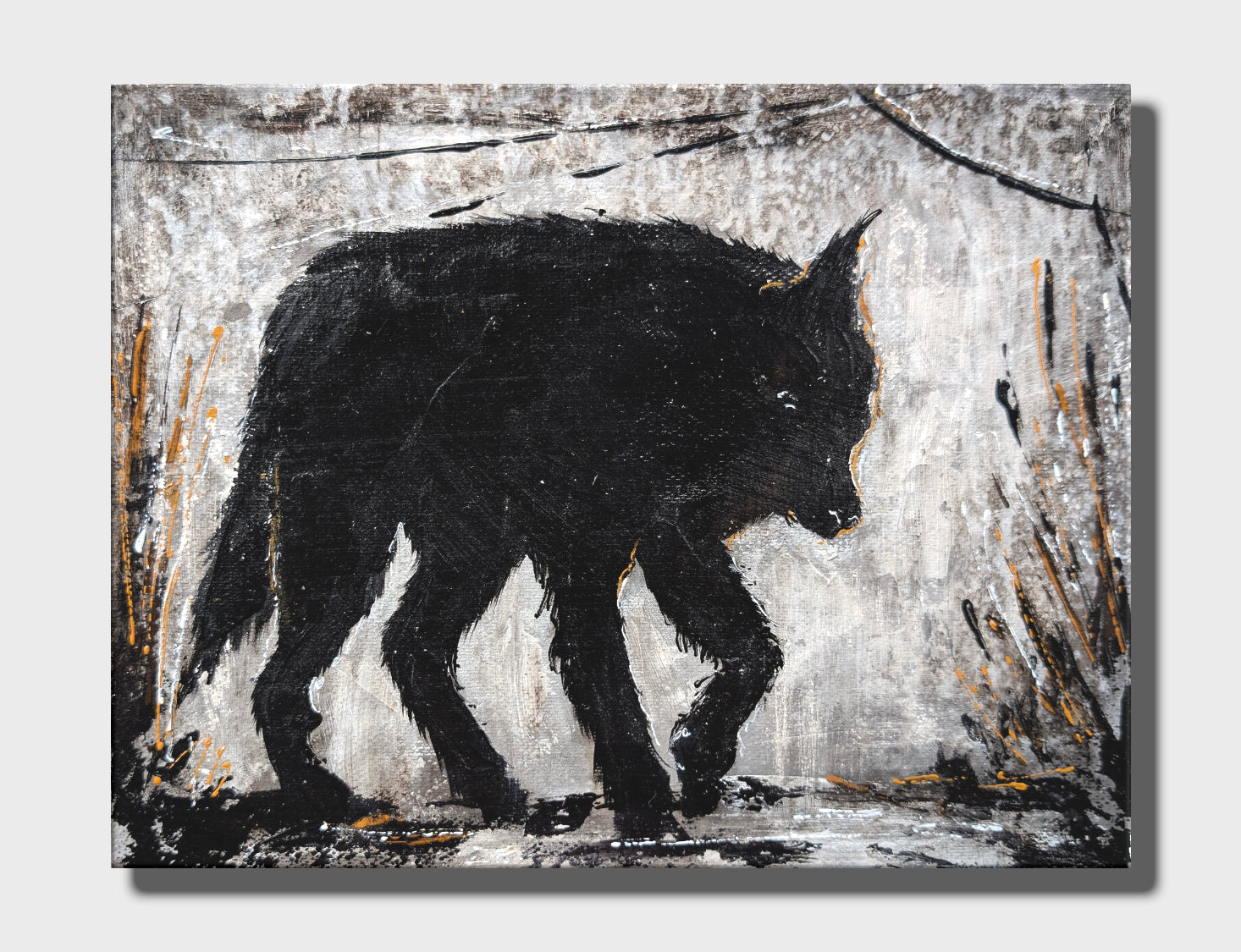 Erekle Kiparoidze, Echoes of the Pack 9-Piece Series, Mixed Media on Canvas, Dark Americana Art, textured dog silhouettes, high-contrast atmospheric painting.
