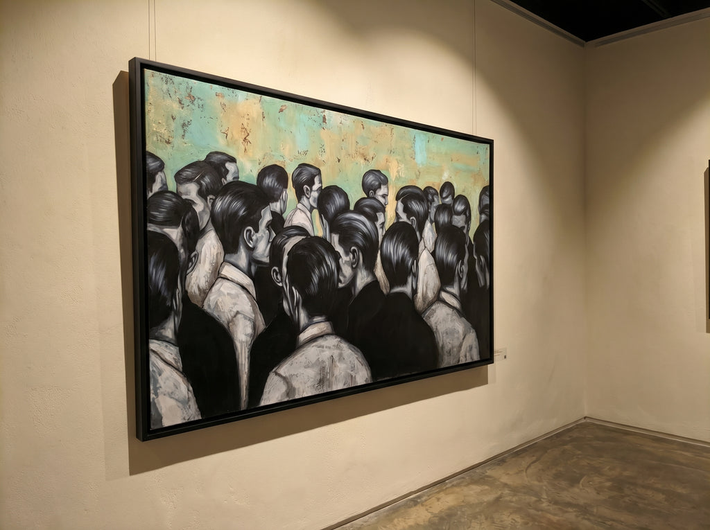 Erekle Kiparoidze, Social Monolith, Oil and Acrylic on Canvas, Dark Americana Art, monochromatic silhouettes, oxidized teal texture, urban social fabric