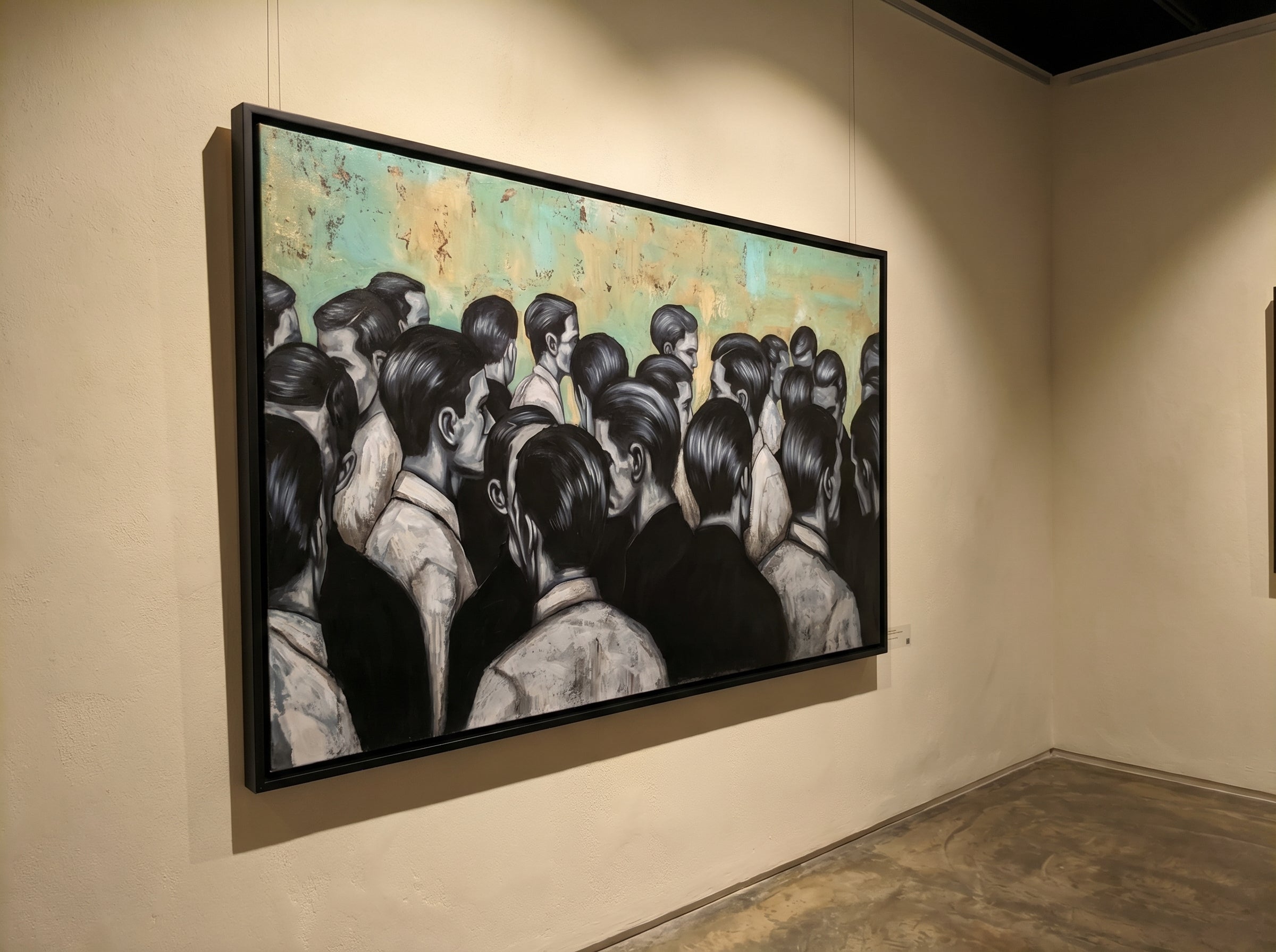 Erekle Kiparoidze, Social Monolith, Oil and Acrylic on Canvas, Dark Americana Art, monochromatic silhouettes, oxidized teal texture, urban social fabric