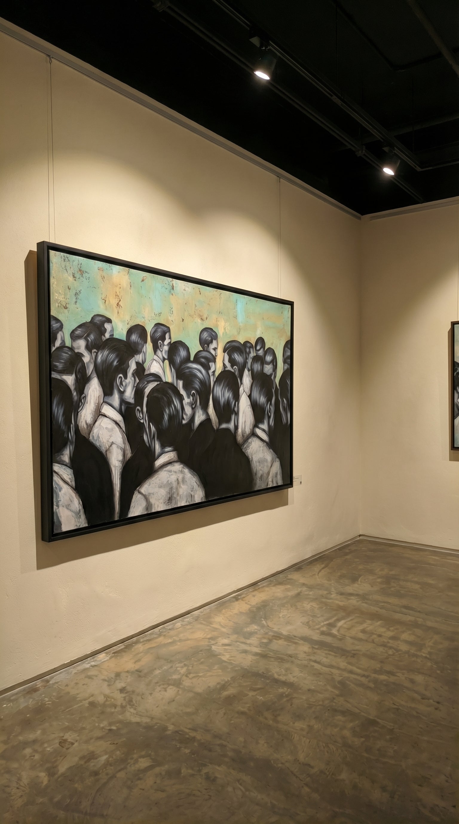 Erekle Kiparoidze, Social Monolith, Oil and Acrylic on Canvas, Dark Americana Art, monochromatic silhouettes, oxidized teal texture, urban social fabric 
