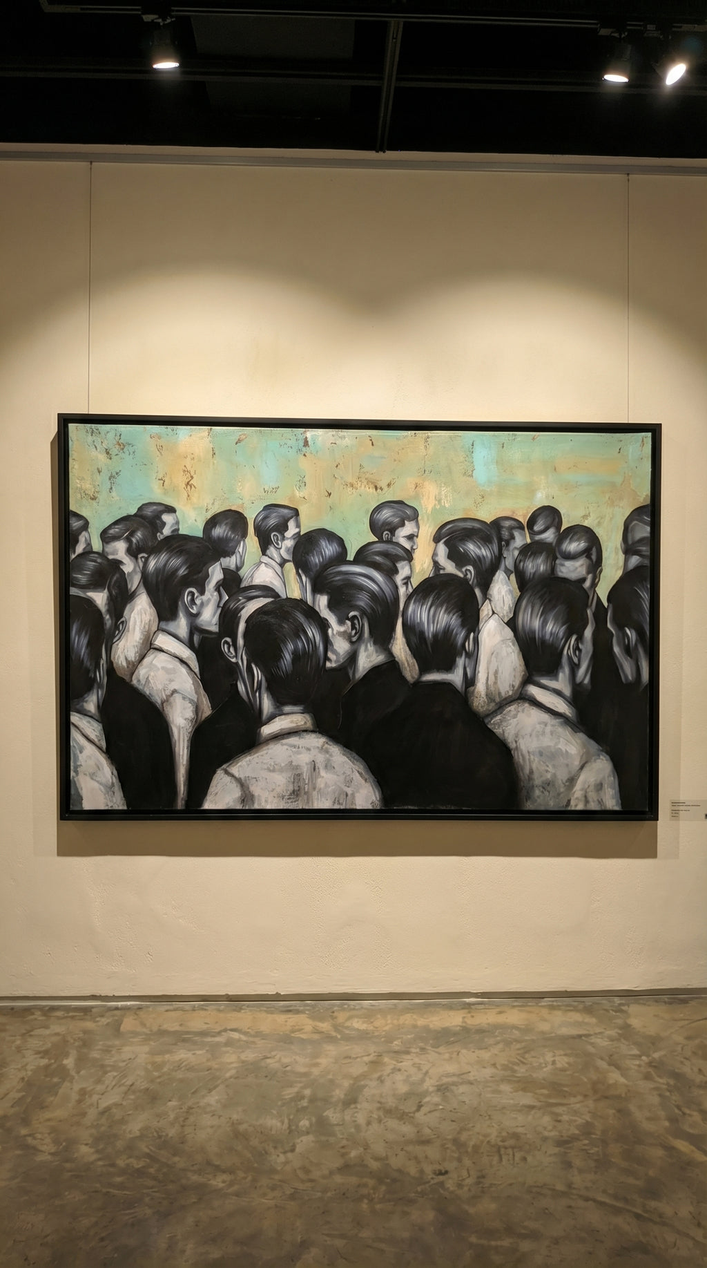 Erekle Kiparoidze, Social Monolith, Oil and Acrylic on Canvas, Dark Americana Art, monochromatic silhouettes, oxidized teal texture, urban social fabric
