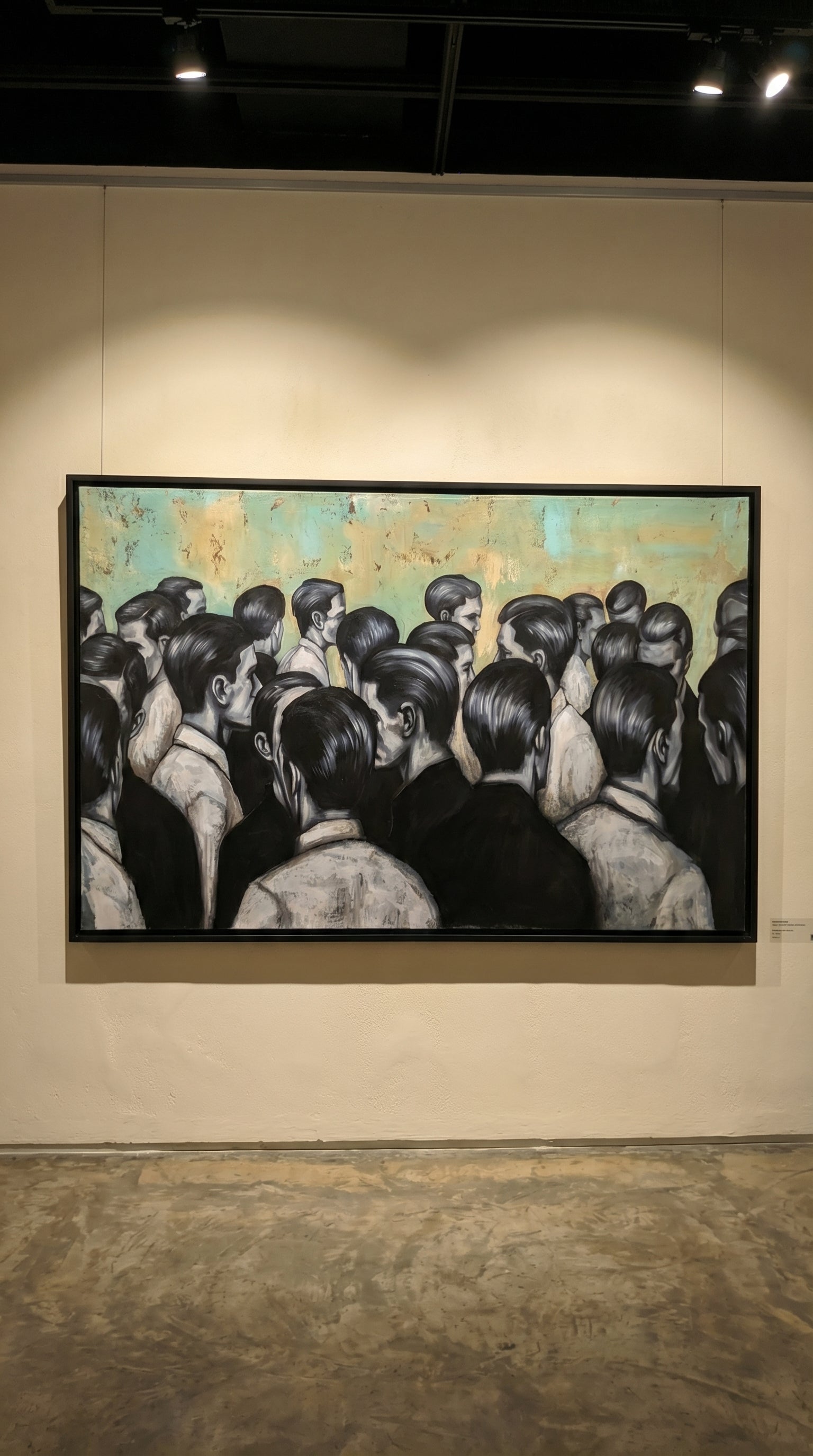Erekle Kiparoidze, Social Monolith, Oil and Acrylic on Canvas, Dark Americana Art, monochromatic silhouettes, oxidized teal texture, urban social fabric