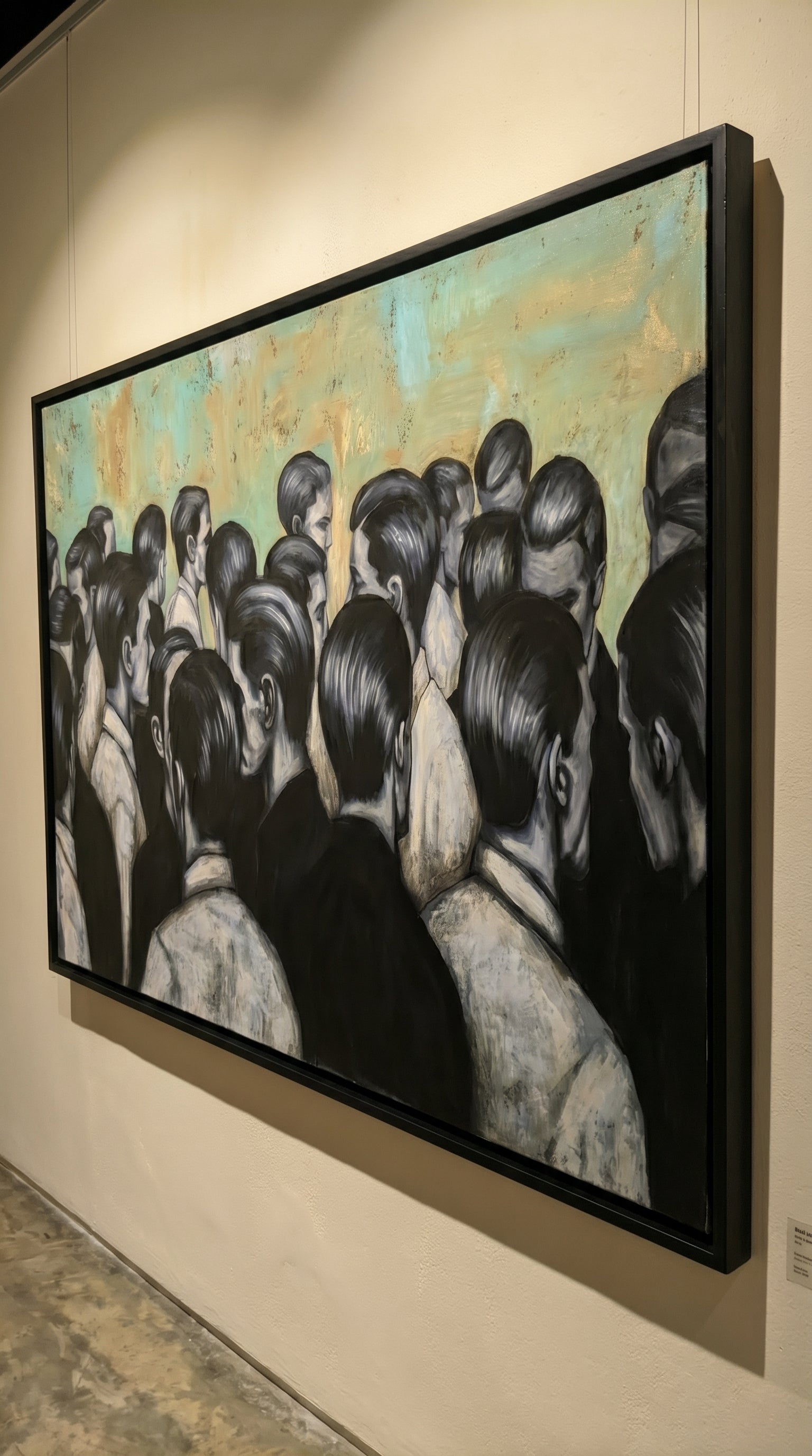 Erekle Kiparoidze, Social Monolith, Oil and Acrylic on Canvas, Dark Americana Art, monochromatic silhouettes, oxidized teal texture, urban social fabric