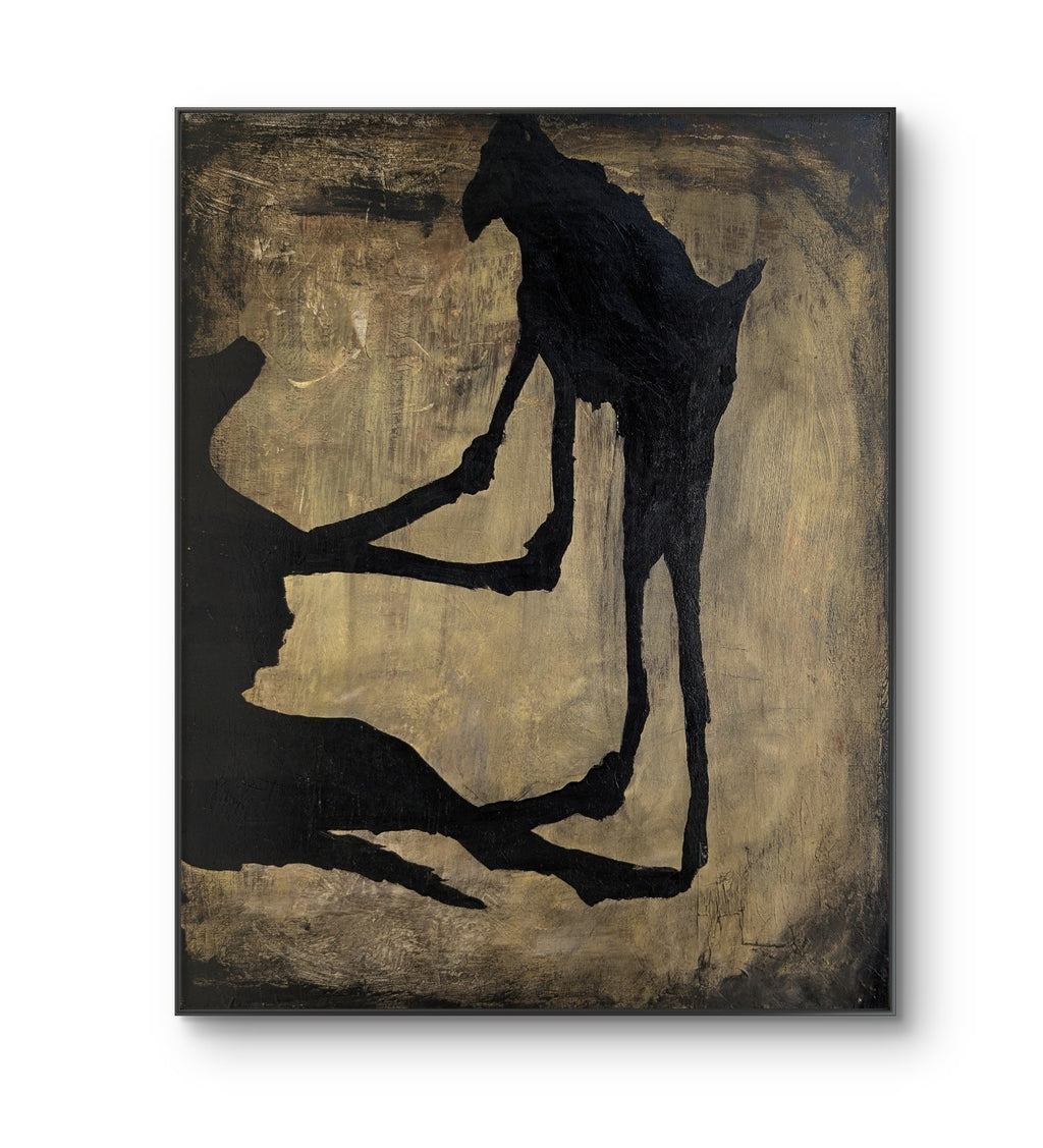 Erekle Kiparoidze, Stray Kinship, Acrylic and Oil on Canvas, textured silhouette of a street dog, industrial ochre background.