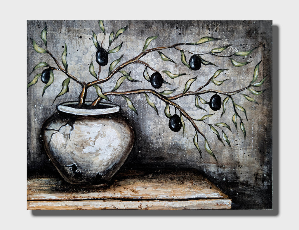 Erekle Kiparoidze, The Olive Branch 2-Piece Series, Mixed Media on Canvas, Dark Americana Art, textured olive branch in a cracked ceramic vase, rustic moody still life.