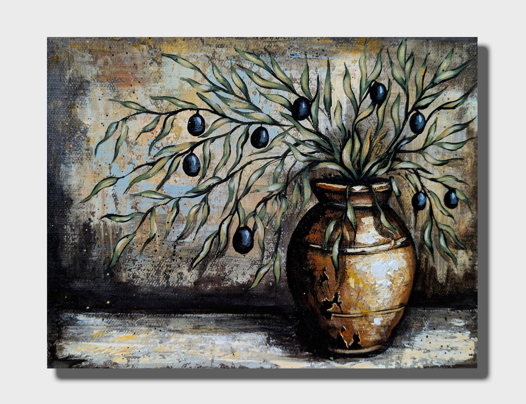Erekle Kiparoidze, The Olive Branch 2-Piece Series, Mixed Media on Canvas, Dark Americana Art, textured olive branch in a cracked ceramic vase, rustic moody still life.