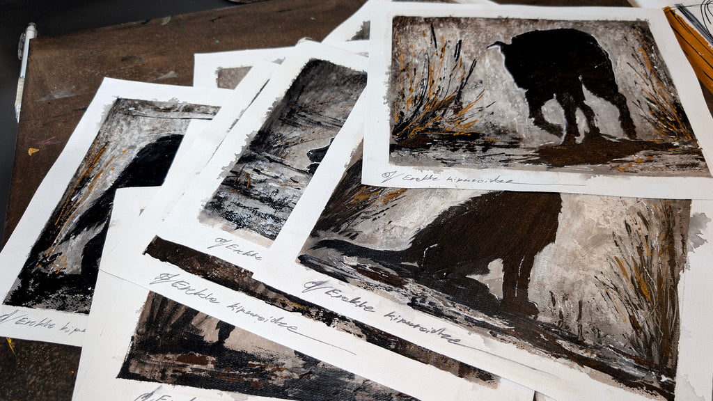 Erekle Kiparoidze, Echoes of the Pack 9-Piece Series, Mixed Media on Canvas, Dark Americana Art, textured dog silhouettes, high-contrast atmospheric painting.