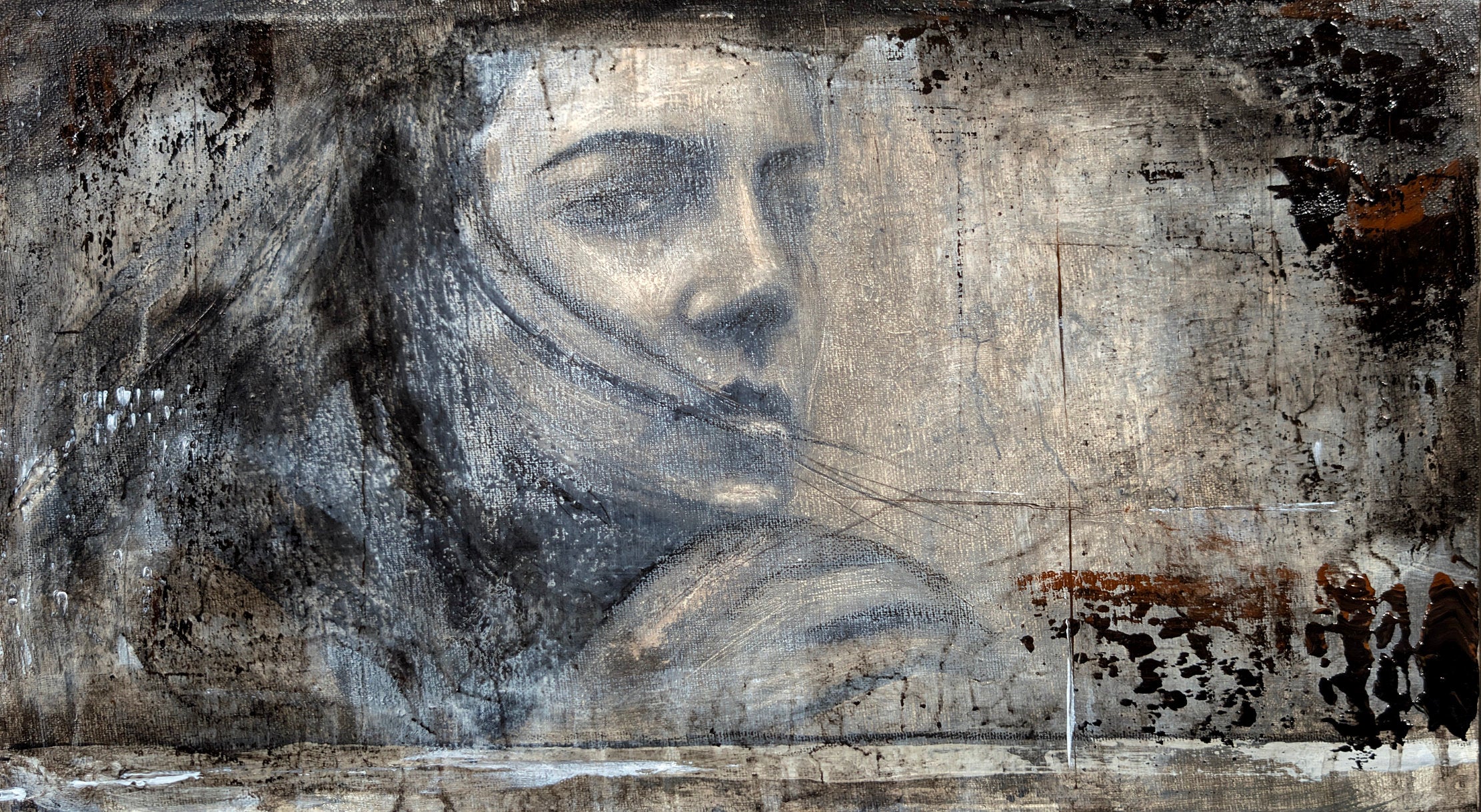 Erekle Kiparoidze, Echoes of Presence, Mixed Media on Canvas, Dark Americana Art, Textured Abstract Portrait, Charcoal and Oil Impasto.