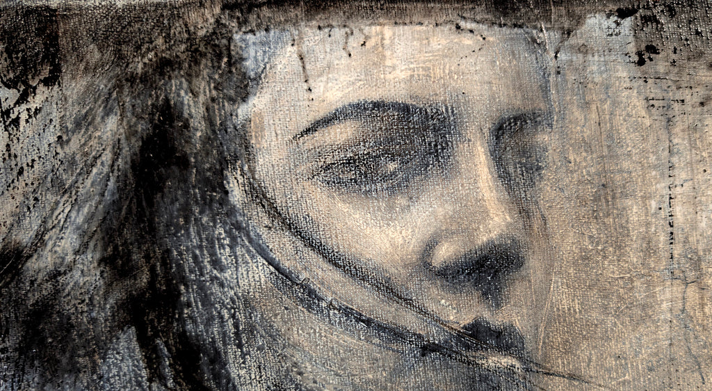 Erekle Kiparoidze, Echoes of Presence, Mixed Media on Canvas, Dark Americana Art, Textured Abstract Portrait, Charcoal and Oil Impasto.