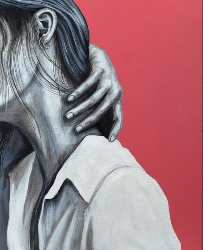 Erekle Kiparoidze, Your Neck, Mixed Media on Canvas, Dark Americana Art, close-up of a hand gripping a neck, vibrant pink background, monochromatic figurative study.