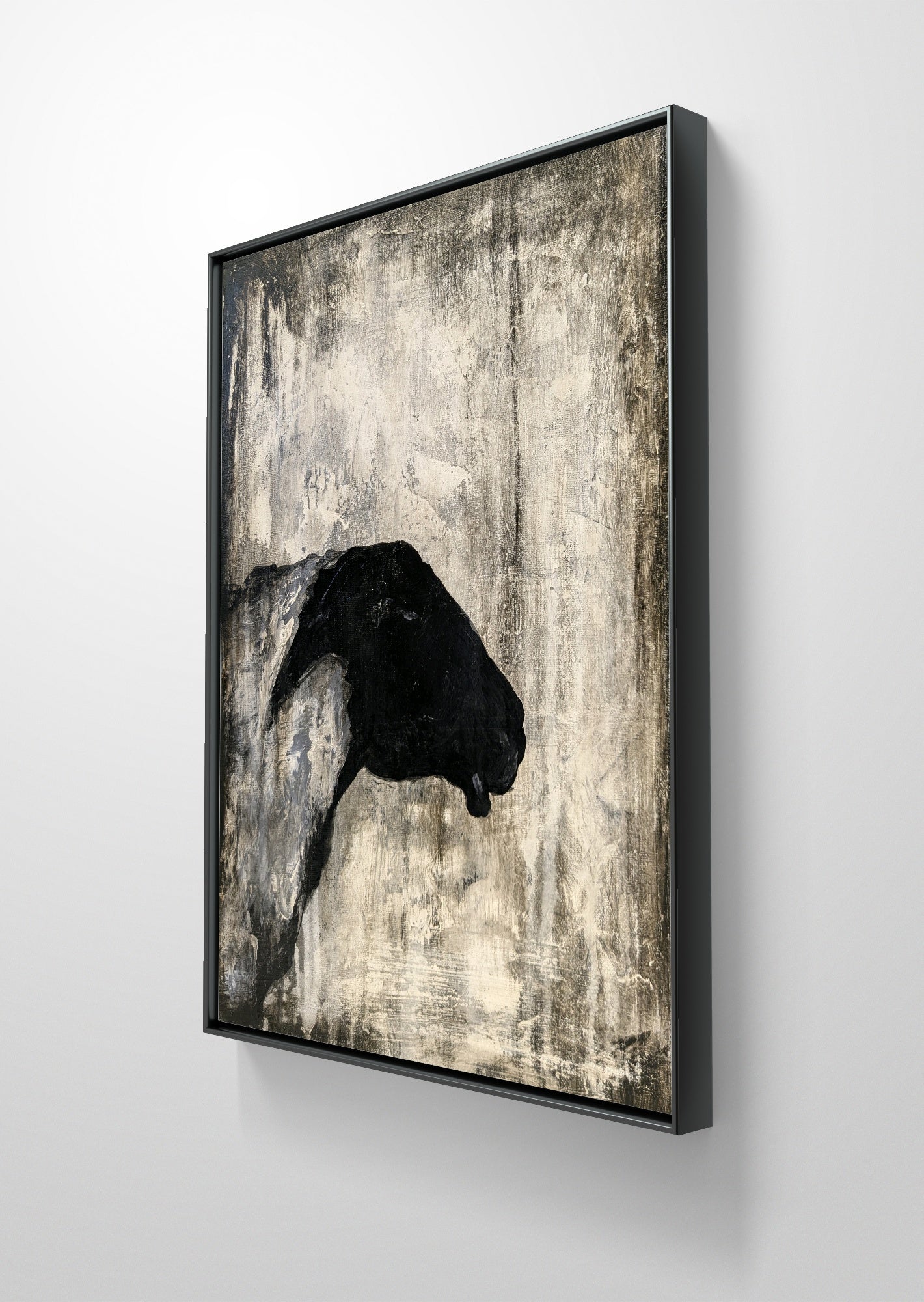 Erekle Kiparoidze, The Obsidian Sheep, Mixed Media on Canvas, Dark Americana Art, black sheep silhouette, textured industrial background.