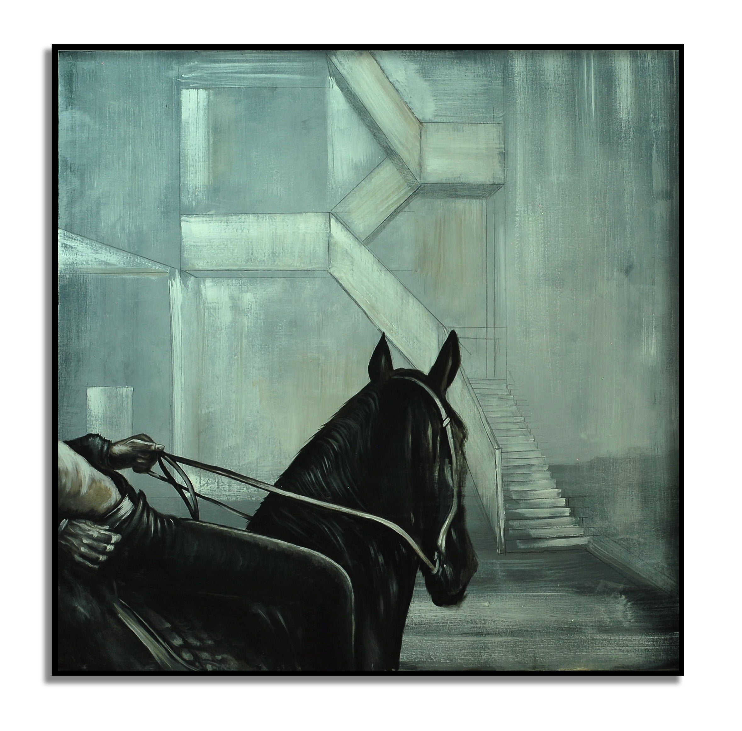 Erekle Kiparoidze, The Guest, Oil and Acrylic on Canvas, Dark Americana Art, high-contrast dark horse, architectural minimalist background.