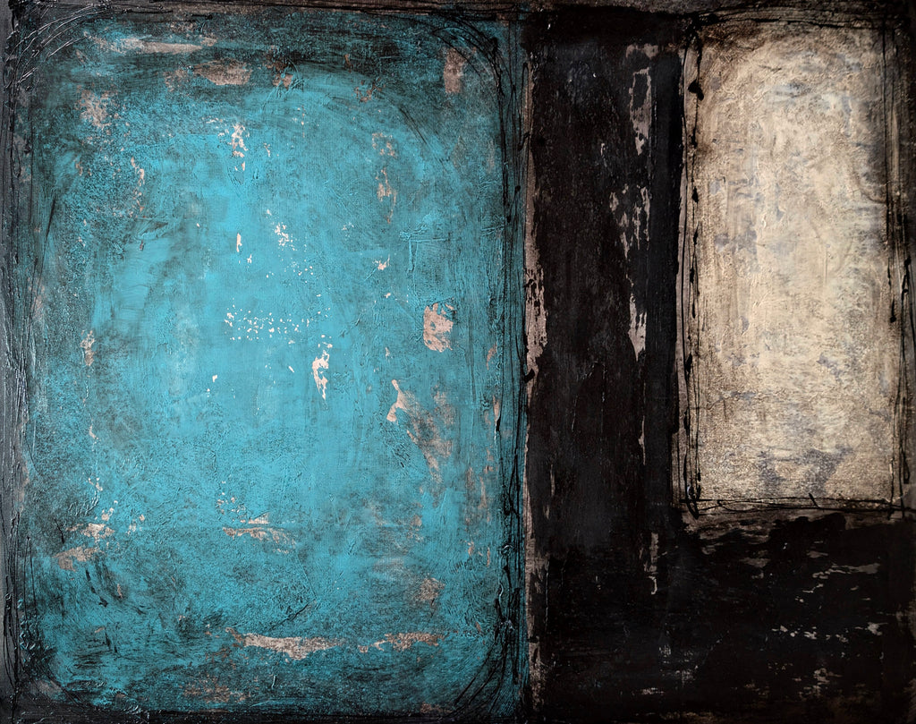 Erekle Kiparoidze, Threshold of Silence, Mixed Media on Canvas, Dark Americana Art, Textured Turquoise and Black Abstract, Heavy Impasto Minimalist Painting.