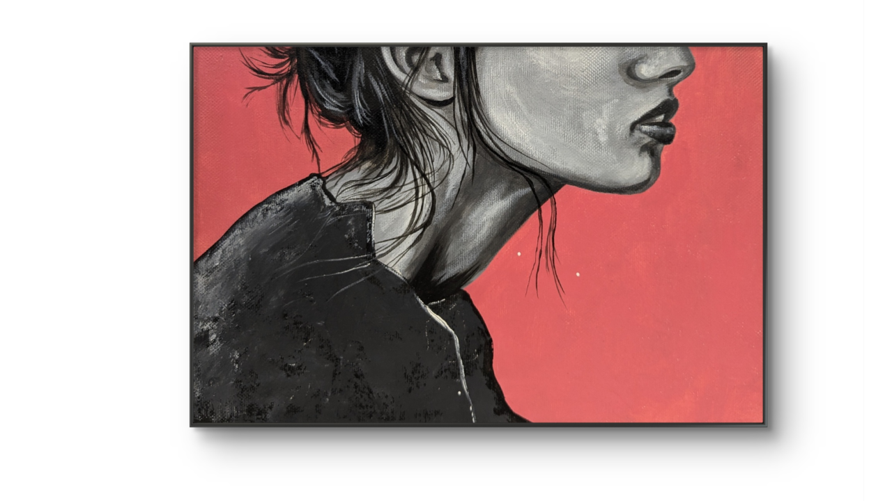 Erekle Kiparoidze, Your Neck, Acrylic and Oil on Canvas, Dark Americana Art, monochromatic nape study, saturated pink background, visceral hair texture.