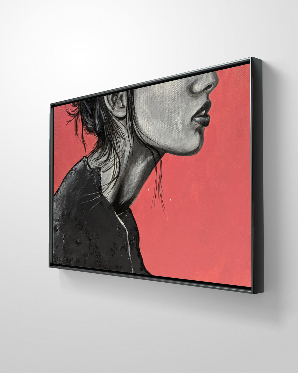 Erekle Kiparoidze, Your Neck, Acrylic and Oil on Canvas, Dark Americana Art, monochromatic nape study, saturated pink background, visceral hair texture.
