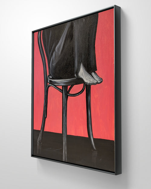 Erekle Kiparoidze, floor is lava, Acrylic and Oil on Canvas, Dark Americana Art, minimalist chair silhouette, vibrant pink background, survivalist metaphor.