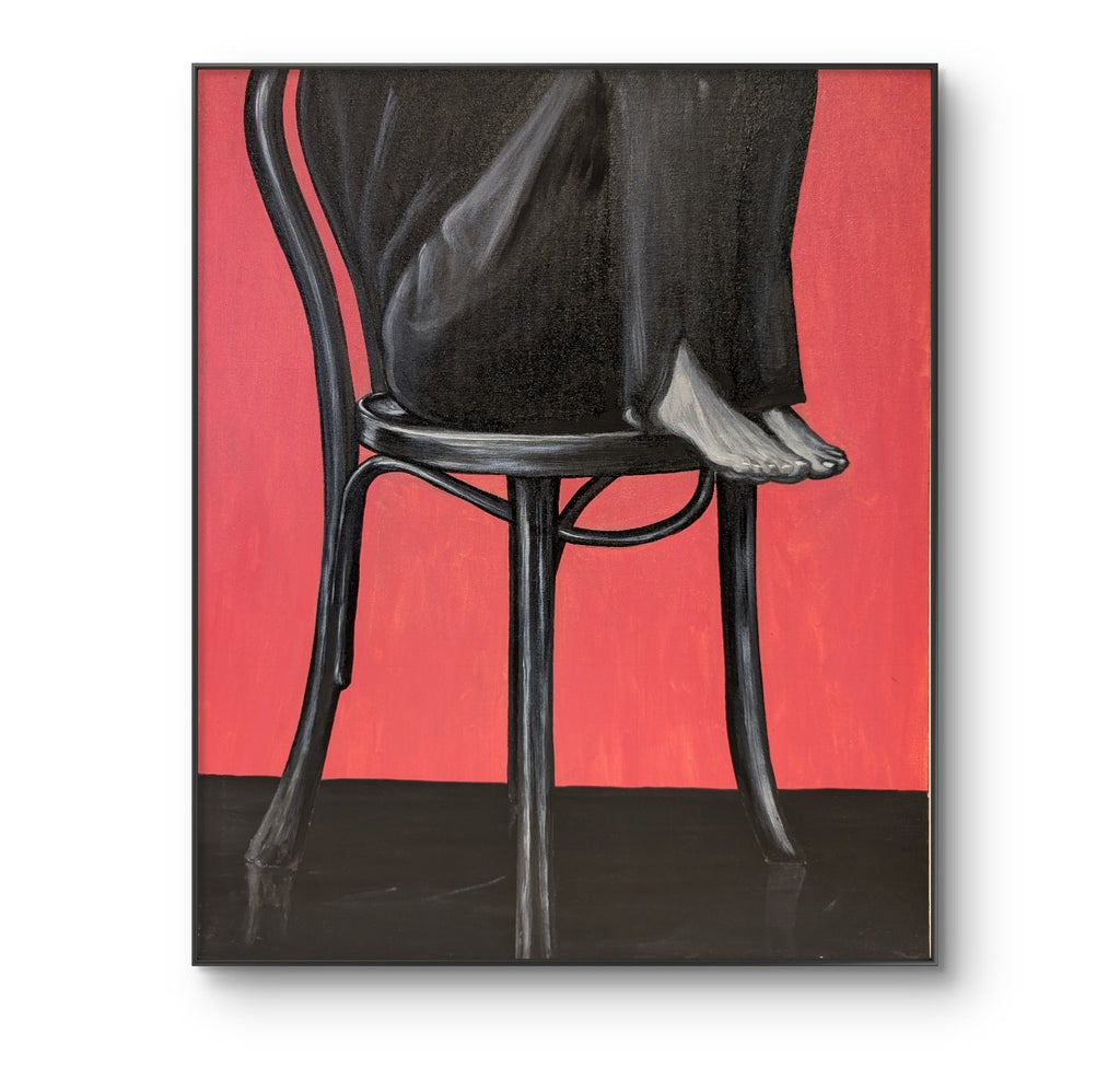 Erekle Kiparoidze, floor is lava, Acrylic and Oil on Canvas, Dark Americana Art, minimalist chair silhouette, vibrant pink background, survivalist metaphor.