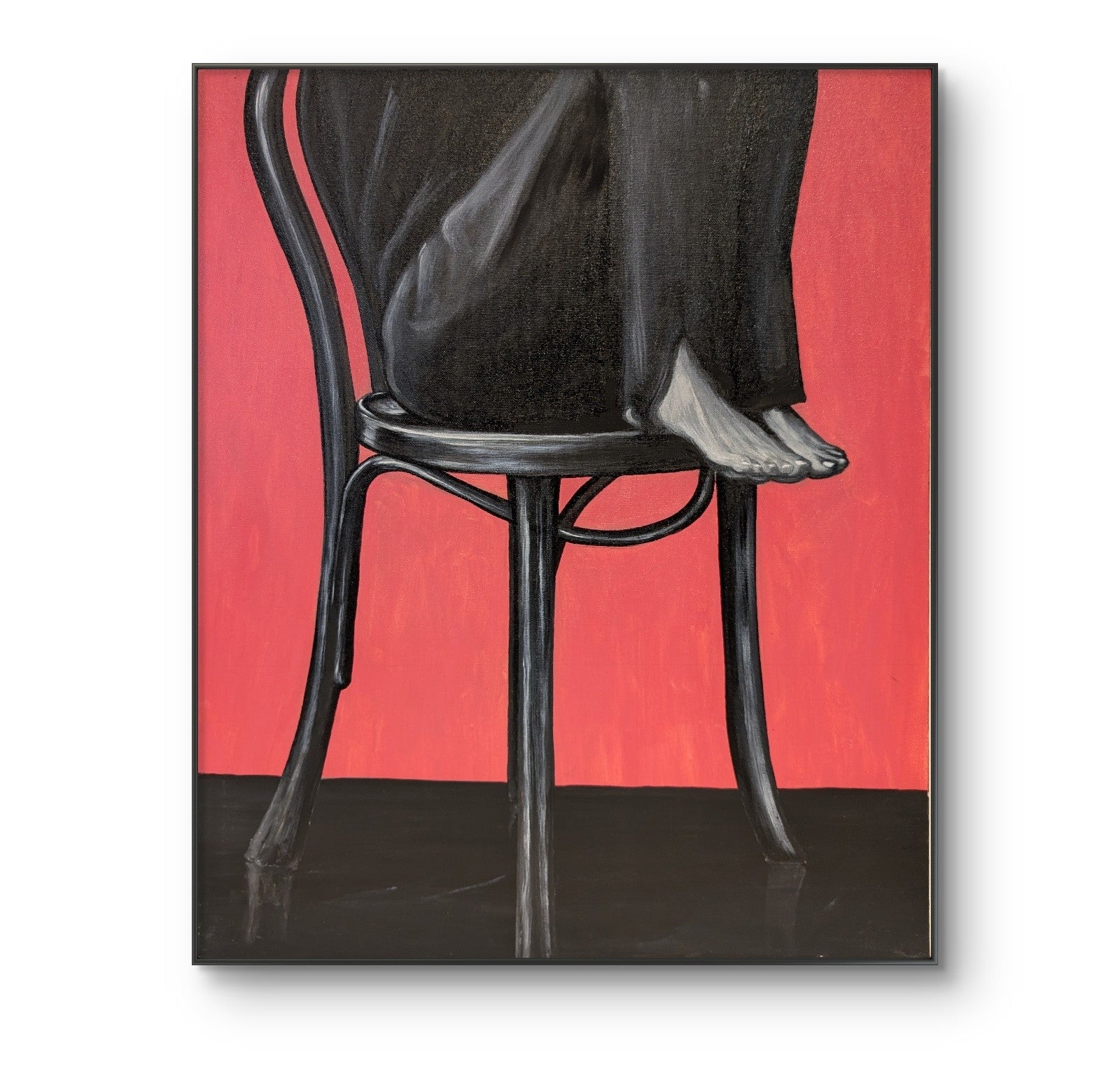 Erekle Kiparoidze, floor is lava, Acrylic and Oil on Canvas, Dark Americana Art, minimalist chair silhouette, vibrant pink background, survivalist metaphor.