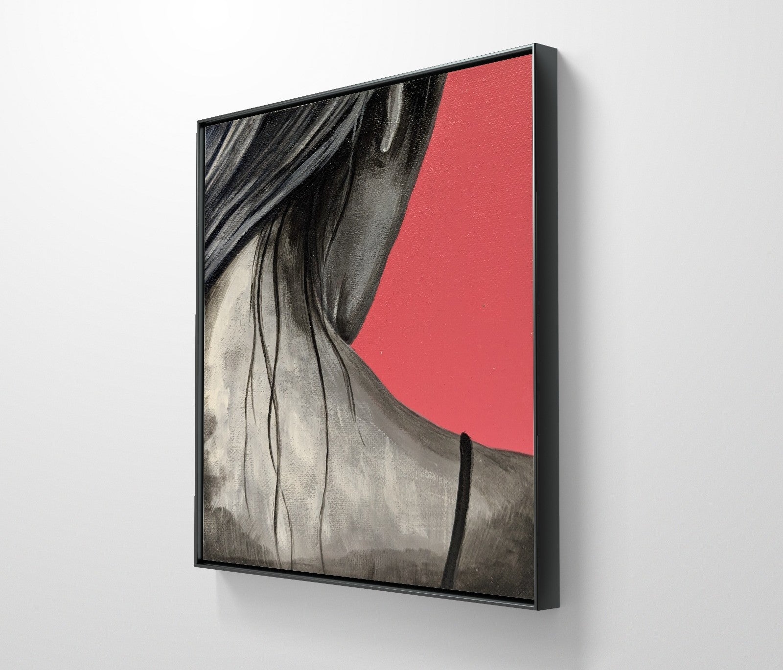 Erekle Kiparoidze, Your Neck, Acrylic and Oil on Canvas, Dark Americana Art, monochromatic nape study, saturated pink background, visceral hair texture.