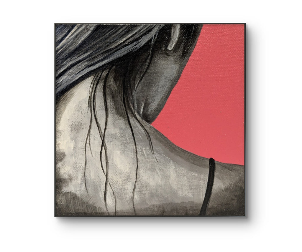 Erekle Kiparoidze, Your Neck, Acrylic and Oil on Canvas, Dark Americana Art, monochromatic nape study, saturated pink background, visceral hair texture.