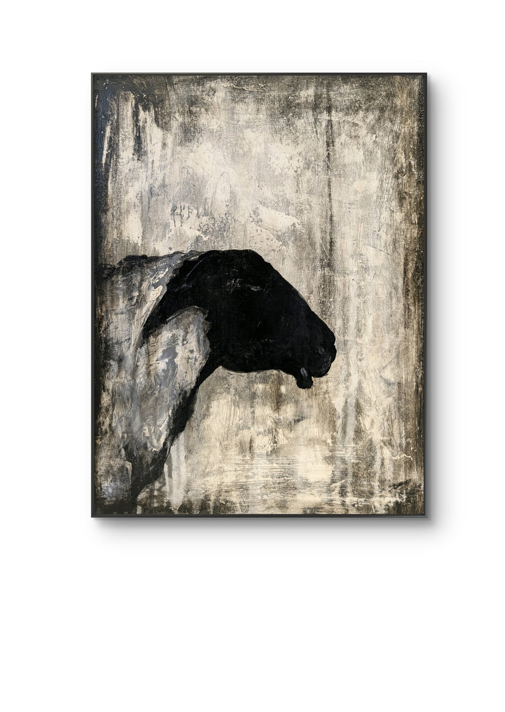 Erekle Kiparoidze, The Obsidian Sheep, Mixed Media on Canvas, Dark Americana Art, black sheep silhouette, textured industrial background.