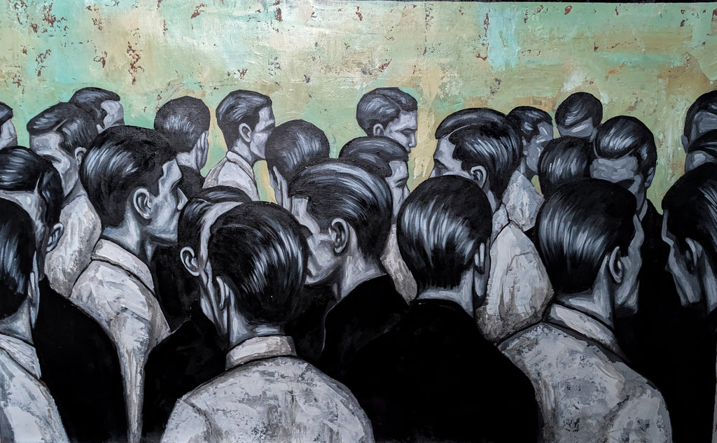 Erekle Kiparoidze, Social Monolith, Oil and Acrylic on Canvas, Dark Americana Art, monochromatic silhouettes, oxidized teal texture, urban social fabric