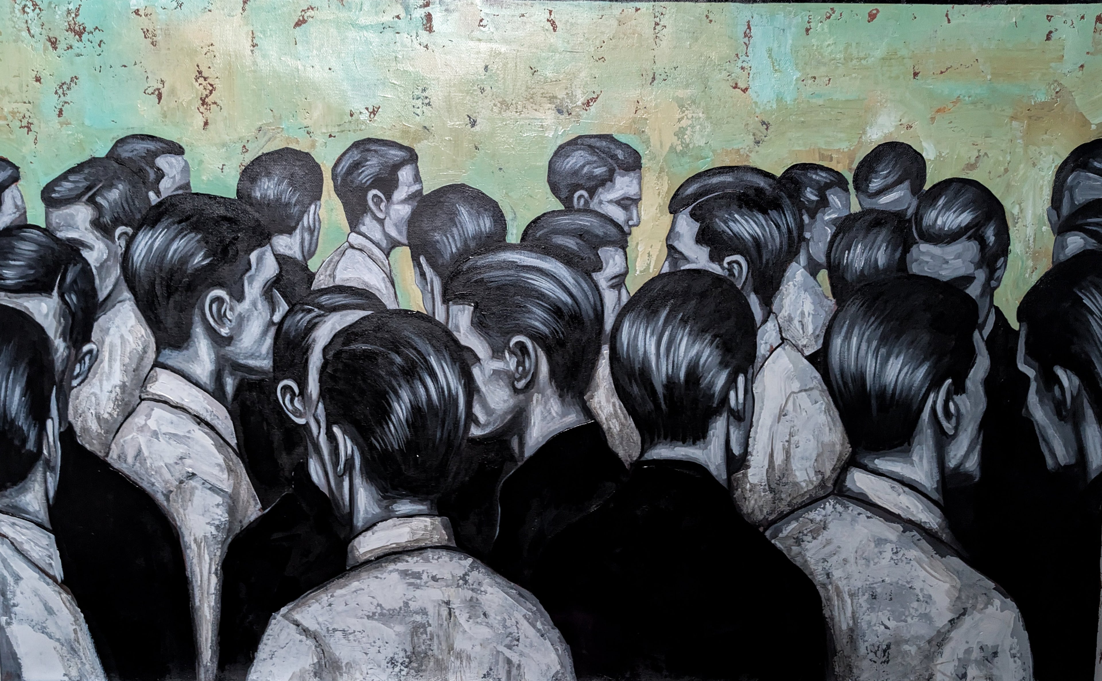 Erekle Kiparoidze, Social Monolith, Oil and Acrylic on Canvas, Dark Americana Art, monochromatic silhouettes, oxidized teal texture, urban social fabric