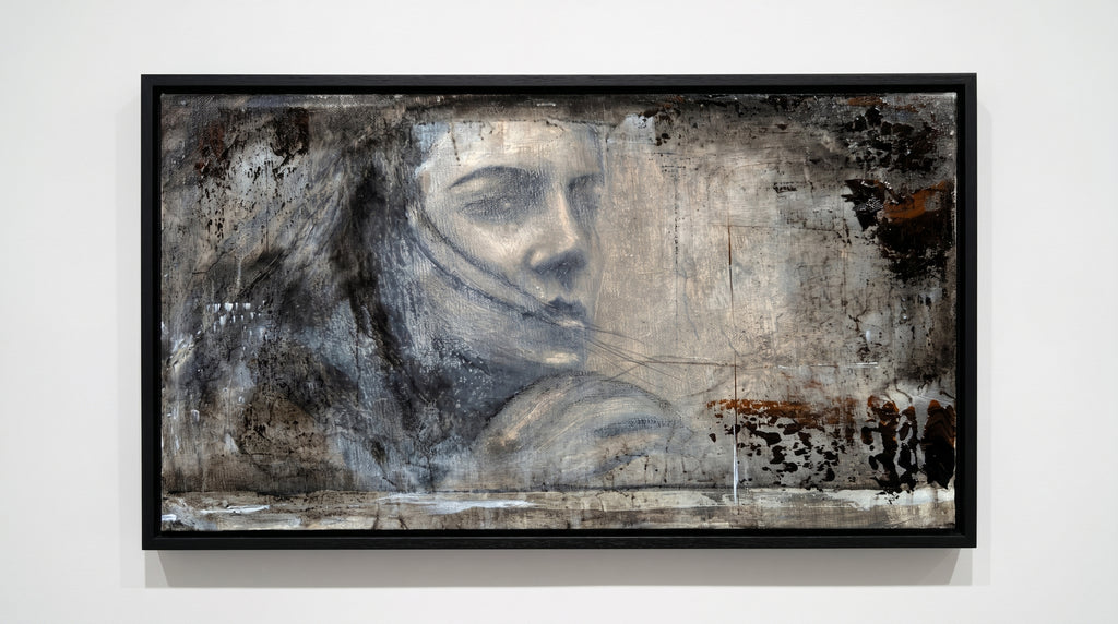 Erekle Kiparoidze, Echoes of Presence, Mixed Media on Canvas, Dark Americana Art, Textured Abstract Portrait, Charcoal and Oil Impasto.